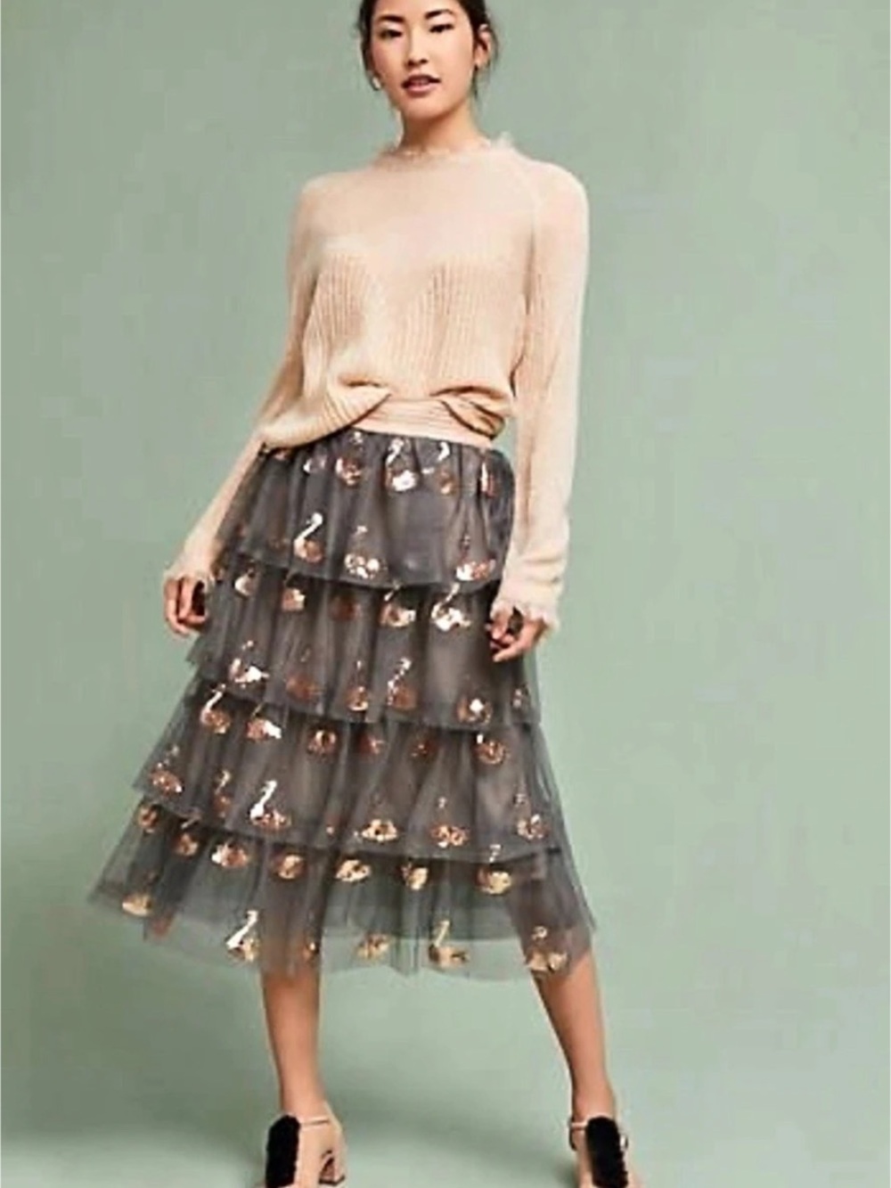 Eva Franco Swan-Embellished Tulle Midi Skirt Gray Size 6